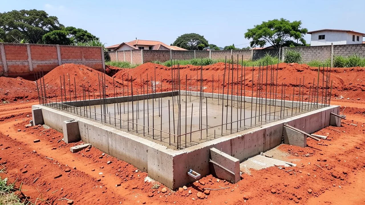 Fundação com sapatas e concreto fresco em obra residencial em Minas Gerais