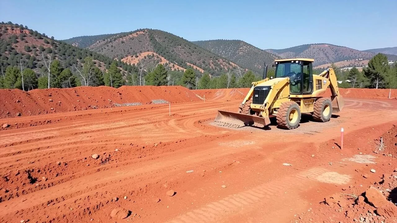 Terreno nivelado pronto para fundação com retroescavadeira parada ao lado