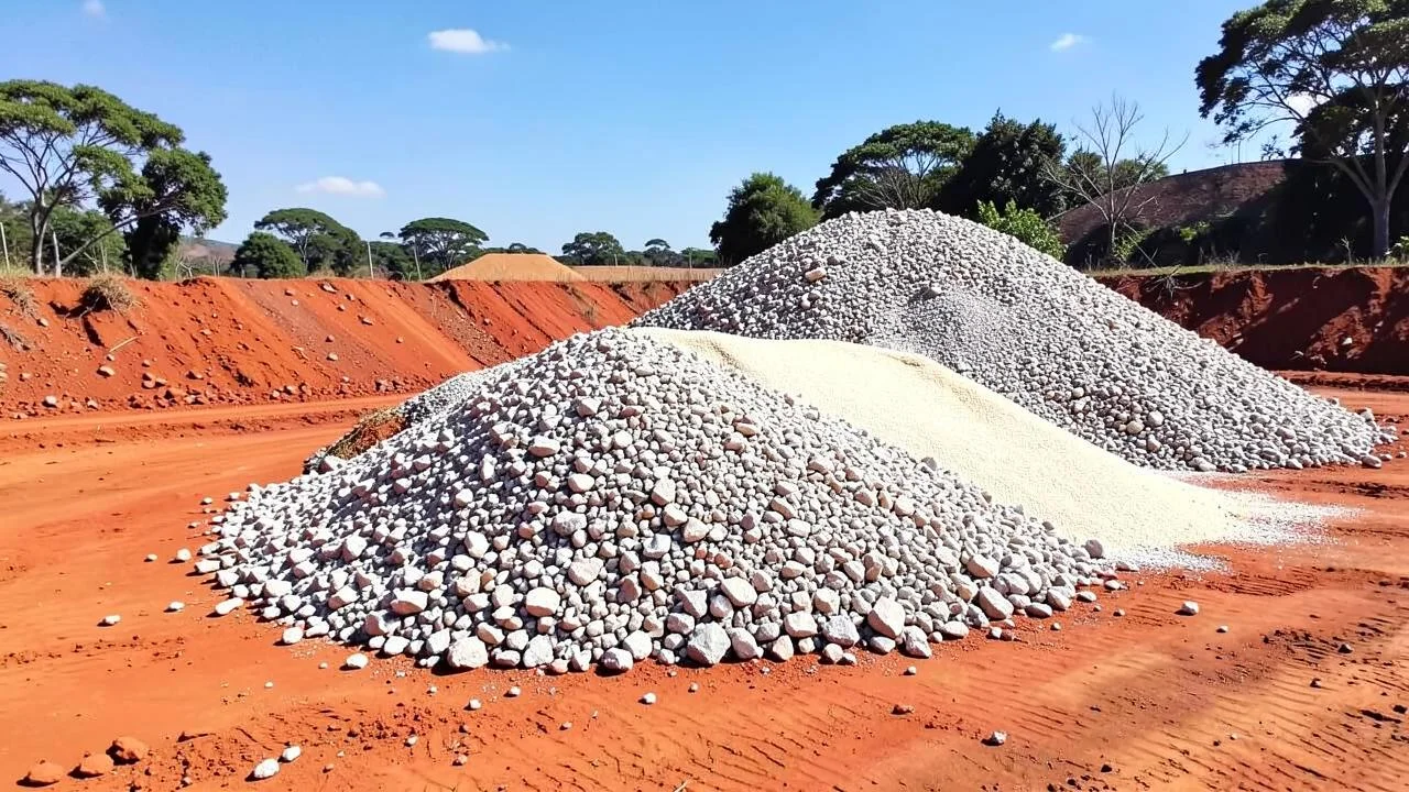 Monte de brita e areia descarregado em canteiro de obra